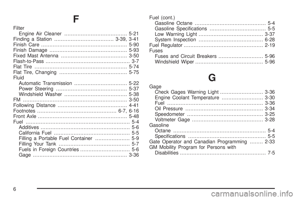 CHEVROLET ASTRO 2004  Owners Manual F
Filter
Engine Air Cleaner......................................5-21
Finding a Station....................................3-39, 3-41
Finish Care....................................................5-9