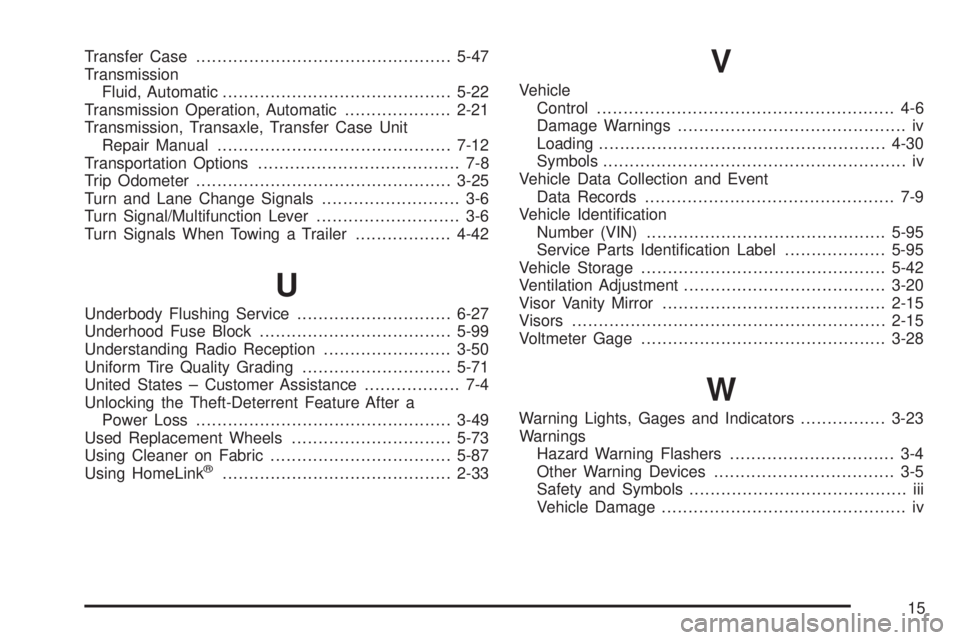 CHEVROLET ASTRO 2004 Owners Manual Transfer Case................................................5-47
Transmission
Fluid, Automatic...........................................5-22
Transmission Operation, Automatic....................2-21 CHEVROLET ASTRO 2004 Owners Manual Transfer Case................................................5-47
Transmission
Fluid, Automatic...........................................5-22
Transmission Operation, Automatic....................2-21