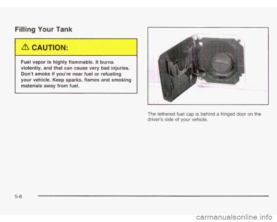 CHEVROLET ASTRO 2003  Owners Manual Filling Your Tank 
Fuel vapor  is highly  flammable. It burns 
violently, and  that  can  cause  very  bad injuries. 
Don’t  smoke 
if you’re  near fuel or refueling 
your  vehicle.  Keep  sparks,