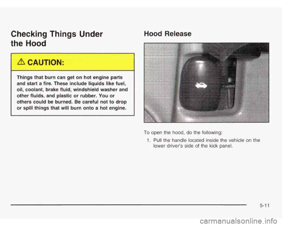 CHEVROLET ASTRO 2003  Owners Manual Checking  Things Under 
the Hood 
Hood  Release 
Things  that  burn can  get on hot engine  parts 
and  start 
a fire.  These  include liquids  like  fuel, 
oil,  coolant,  brake  fluid,  windshield  