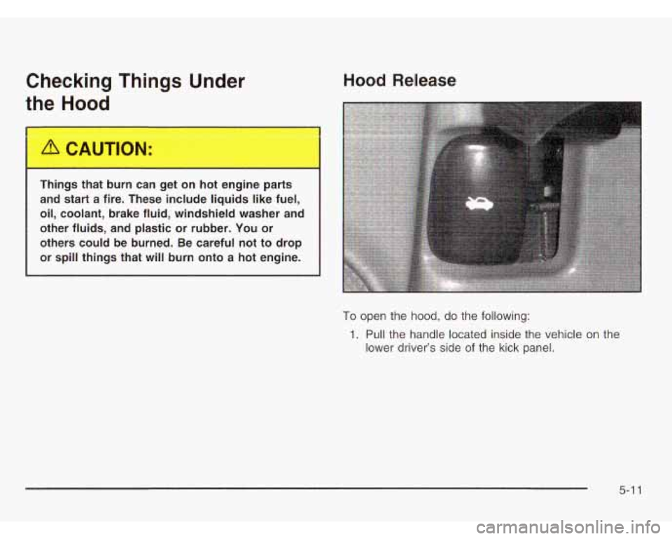 CHEVROLET ASTRO 2003 Owners Manual Checking Things Under
the Hood
Hood Release
Things that burn can get on hot engine parts
and start
a fire. These include liquids like fuel,
oil, coolant, brake fluid, windshield CHEVROLET ASTRO 2003 Owners Manual Checking Things Under
the Hood
Hood Release
Things that burn can get on hot engine parts
and start
a fire. These include liquids like fuel,
oil, coolant, brake fluid, windshield