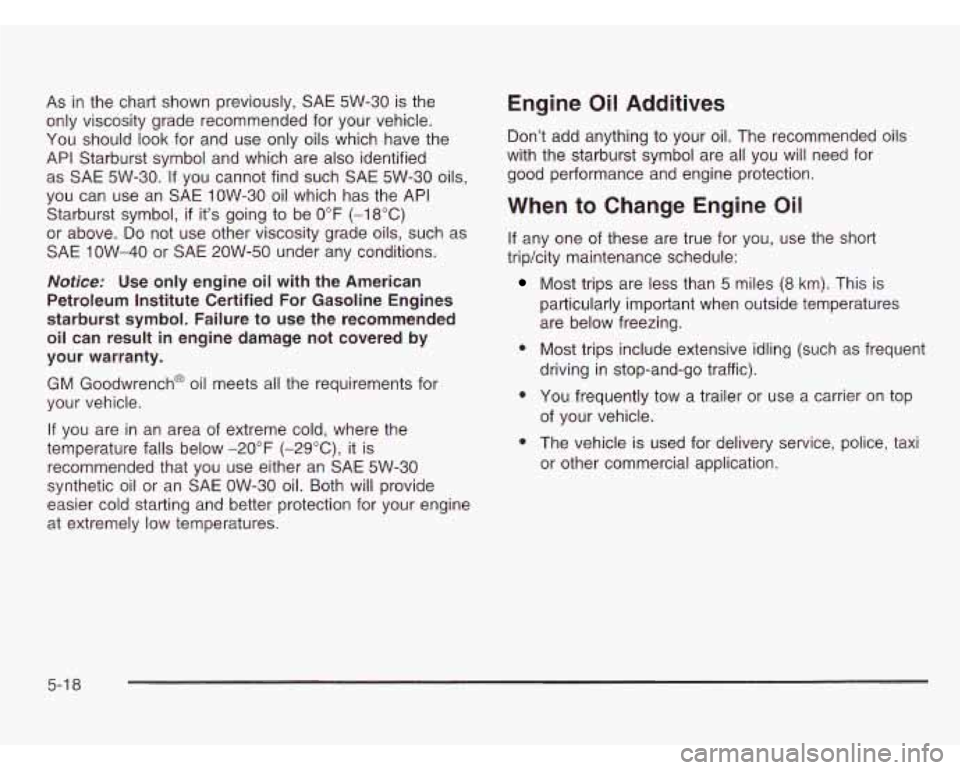 CHEVROLET ASTRO 2003  Owners Manual As in  the  chart shown  previously,  SAE  5W-30  is  the 
only viscosity  grade  recommended  for  your vehicle. 
You  should look  for  and  use  only  oils which  have  the 
API  Starburst  symbol 