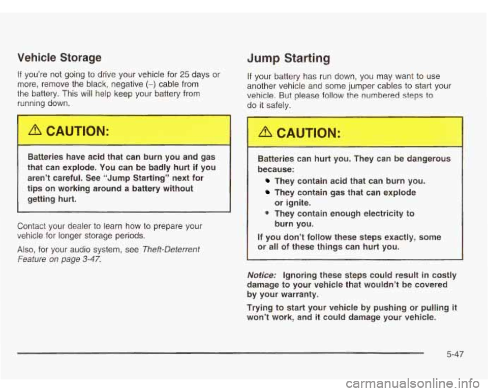 CHEVROLET ASTRO 2003  Owners Manual Vehicle Storage 
If you’re  not  going to drive  your  vehicle for 25 days  or 
more,  remove  the black,  negative 
(-) cable from 
the  battery.  This will  help  keep your battery from 
running  