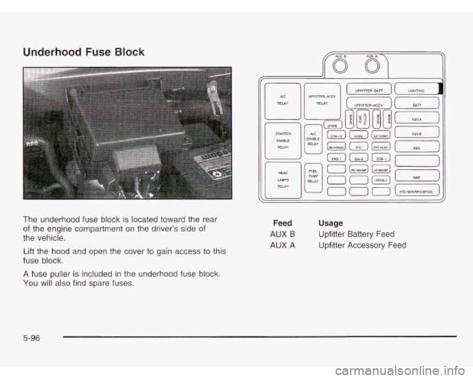 CHEVROLET ASTRO 2003  Owners Manual Underhood Fuse Block 
The  underhood fuse  block is located toward the  rear 
of  the  engine  compartment  on the driver’s  side  of 
the vehicle. 
Lift the  hood  and open the  cover to  gain acce