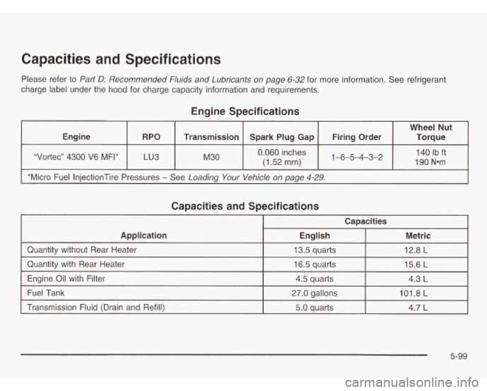 CHEVROLET ASTRO 2003 Owners Manual Capacities and Specifications
Please refer to Part D: Recommended Nuids and Lubricants on page 6-32 for more information. See refrigerant
charge label under the hood for charge capacity CHEVROLET ASTRO 2003 Owners Manual Capacities and Specifications
Please refer to Part D: Recommended Nuids and Lubricants on page 6-32 for more information. See refrigerant
charge label under the hood for charge capacity