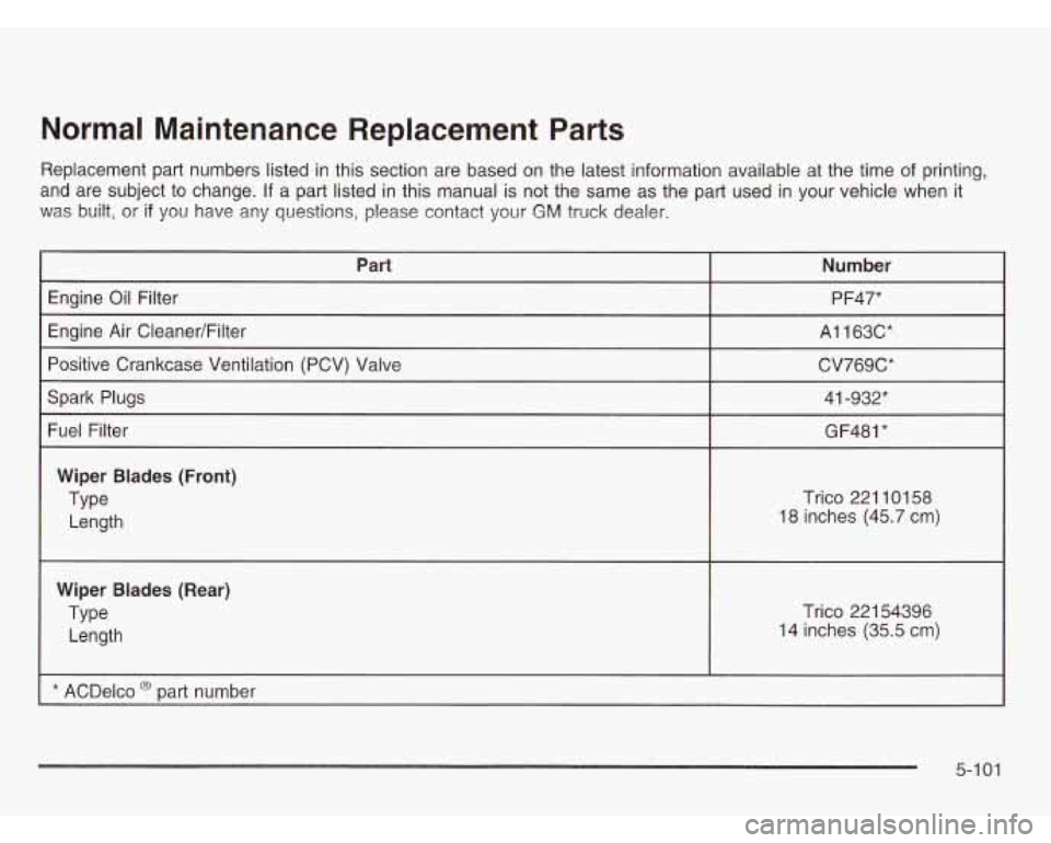CHEVROLET ASTRO 2003 Owners Manual Normal Maintenance Replacement Parts
Replacement part numbers listed in this section are based on the latest information available at the time of printing,
and are subject to change.
If CHEVROLET ASTRO 2003 Owners Manual Normal Maintenance Replacement Parts
Replacement part numbers listed in this section are based on the latest information available at the time of printing,
and are subject to change.
If