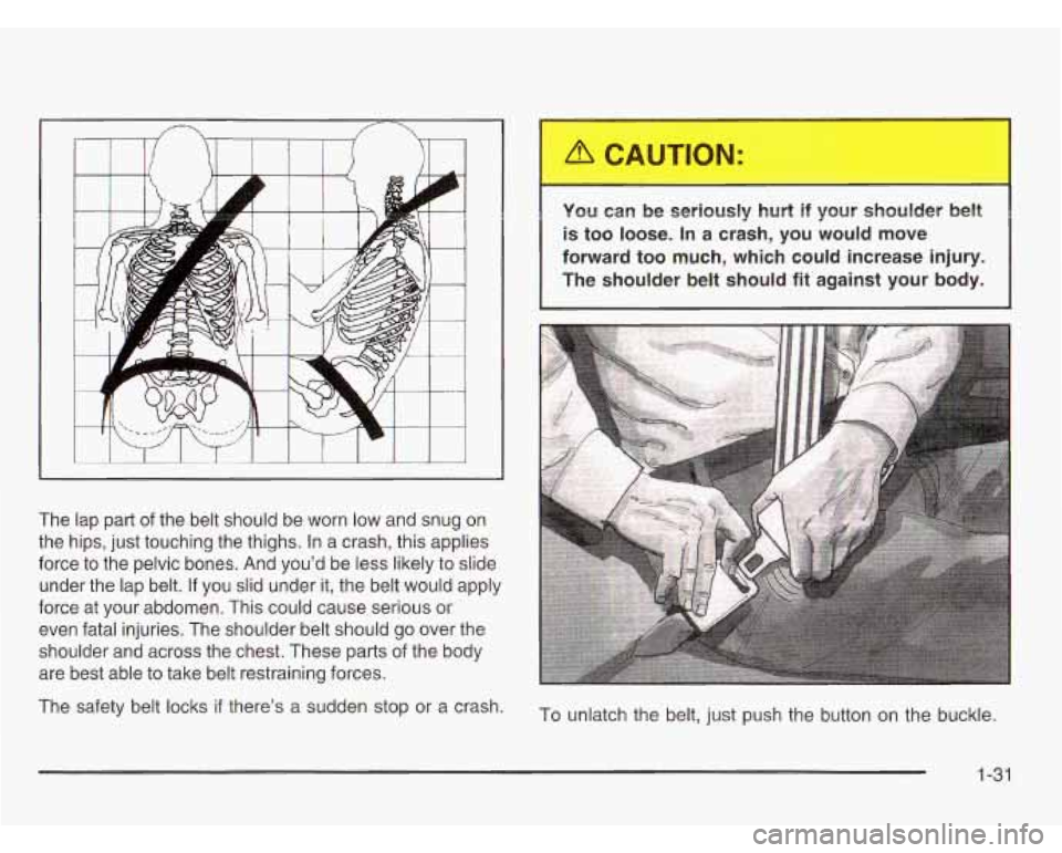CHEVROLET ASTRO 2003 Owners Guide The  lap  part of the  belt  should  be worn low and  snug  on 
the  hips,  just touching  the  thighs. In a crash,  this applies 
force  to  the  pelvic  bones.  And you’d be less likely  to slide 