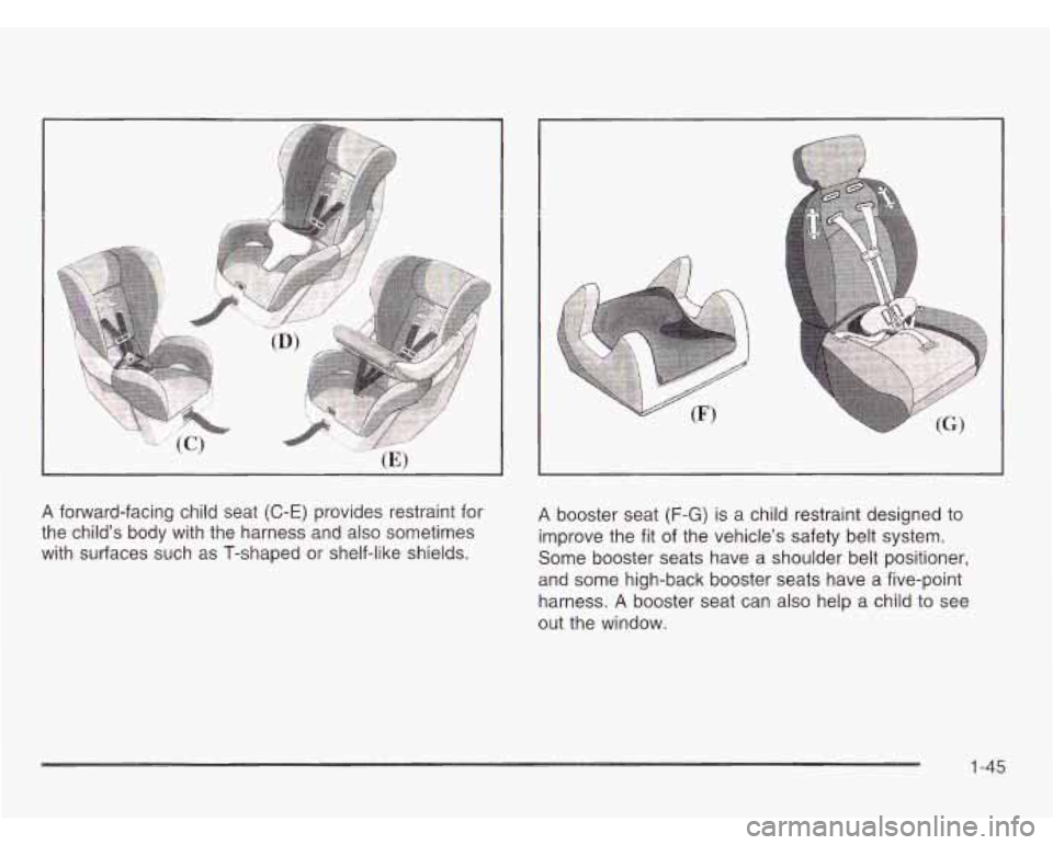 CHEVROLET ASTRO 2003 Workshop Manual A forward-facing child seat (C-E) provides restraint for
the childs body with the harness and also sometimes
with surfaces such as T-shaped
or shelf-like shields.
A booster seat (F-G) is a CHEVROLET ASTRO 2003 Workshop Manual A forward-facing child seat (C-E) provides restraint for
the childs body with the harness and also sometimes
with surfaces such as T-shaped
or shelf-like shields.
A booster seat (F-G) is a