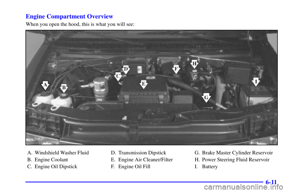 CHEVROLET ASTRO 2002  Owners Manual 6-11 Engine Compartment Overview
When you open the hood, this is what you will see:
A. Windshield Washer Fluid
B. Engine Coolant
C. Engine Oil DipstickD. Transmission Dipstick
E. Engine Air Cleaner/Fi