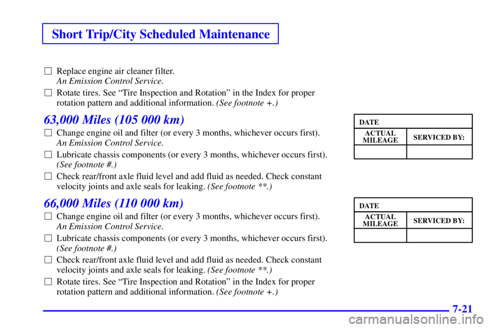 CHEVROLET ASTRO 2001  Owners Manual Short Trip/City Scheduled Maintenance
7-21
Replace engine air cleaner filter. 
An Emission Control Service. 
Rotate tires. See ªTire Inspection and Rotationº in the Index for proper
rotation patte