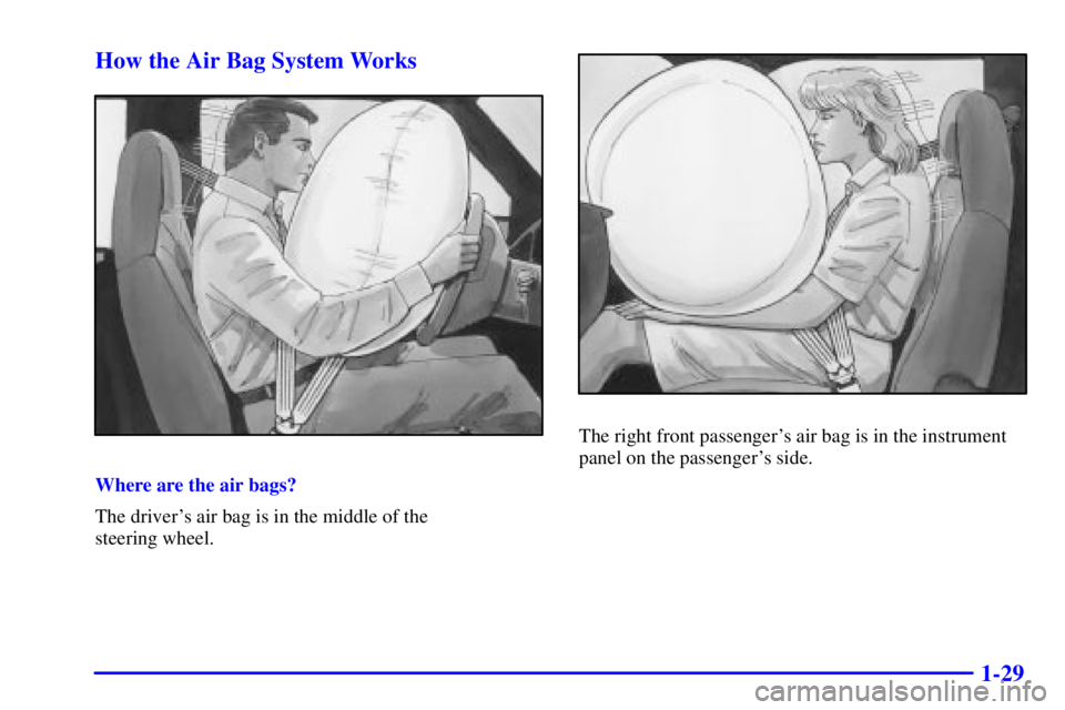 CHEVROLET ASTRO 2001 Service Manual 1-29 How the Air Bag System Works
Where are the air bags?
The drivers air bag is in the middle of the 
steering wheel.
The right front passengers air bag is in the instrument
panel on the passenger