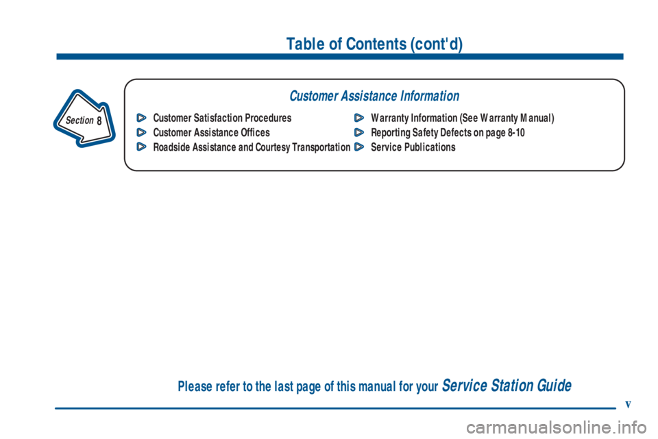 CHEVROLET ASTRO 2001  Owners Manual v
Table of Contents (contd)
Customer Assistance Information
In the Index you will find an alphabetical listing of almost every subject in this manual. 
 You can use it to quickly find something you w