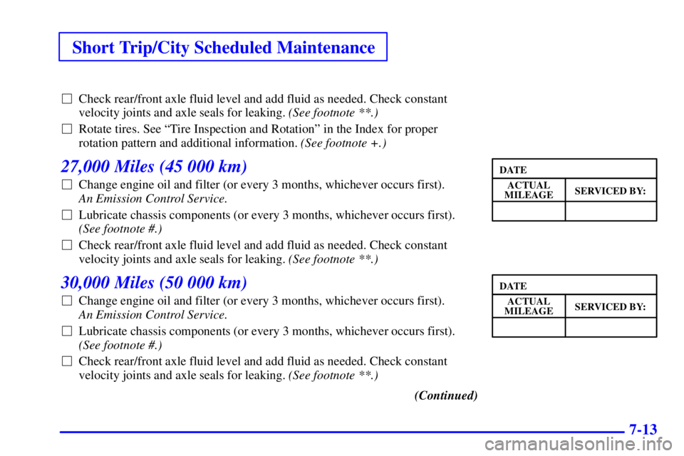 CHEVROLET ASTRO 2000  Owners Manual Short Trip/City Scheduled Maintenance
7-13
Check rear/front axle fluid level and add fluid as needed. Check constant
velocity joints and axle seals for leaking. (See footnote **.) 
Rotate tires. See