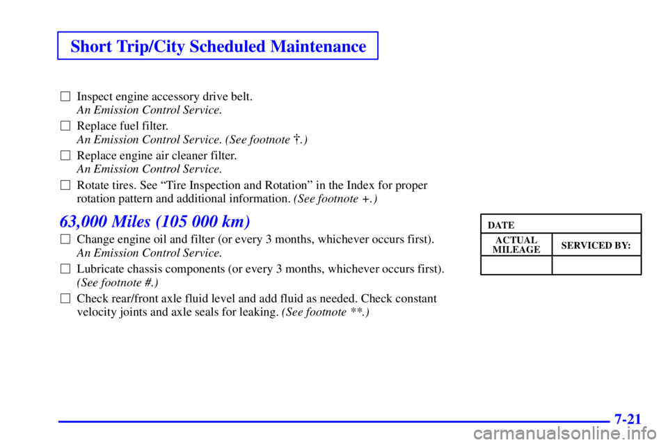 CHEVROLET ASTRO 2000  Owners Manual Short Trip/City Scheduled Maintenance
7-21
Inspect engine accessory drive belt. 
An Emission Control Service. 
Replace fuel filter. 
An Emission Control Service. (See footnote .) 
Replace engine a
