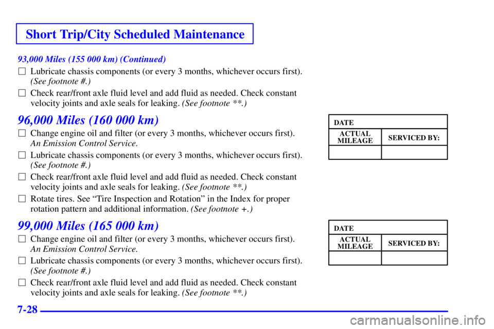 CHEVROLET ASTRO 2000  Owners Manual Short Trip/City Scheduled Maintenance
7-28
93,000 Miles (155 000 km) (Continued)
Lubricate chassis components (or every 3 months, whichever occurs first).
(See footnote #.)
Check rear/front axle flu