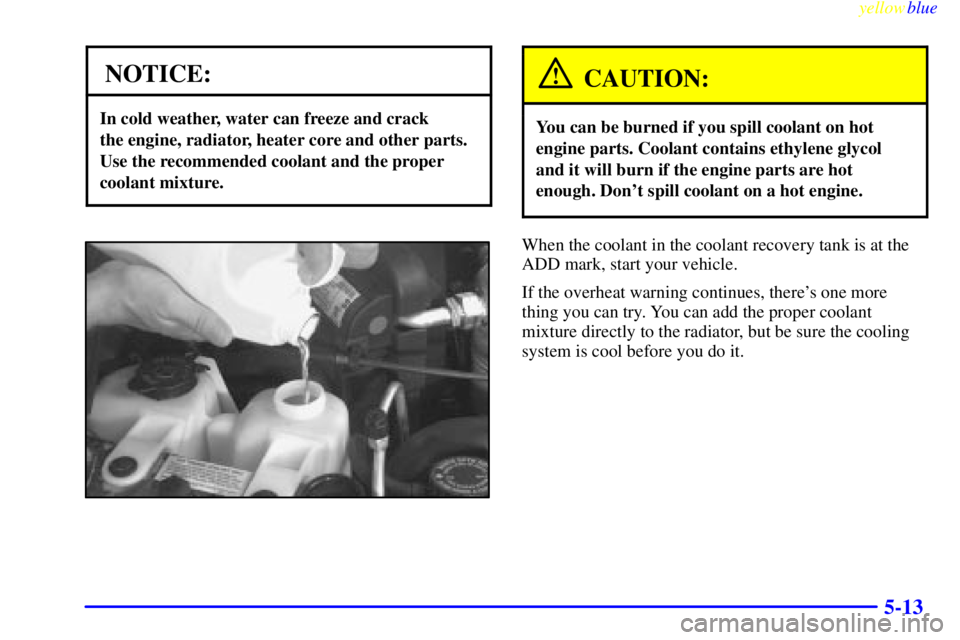CHEVROLET ASTRO 1999  Owners Manual yellowblue     
5-13
NOTICE:
In cold weather, water can freeze and crack 
the engine, radiator, heater core and other parts.
Use the recommended coolant and the proper
coolant mixture.
CAUTION:
You ca