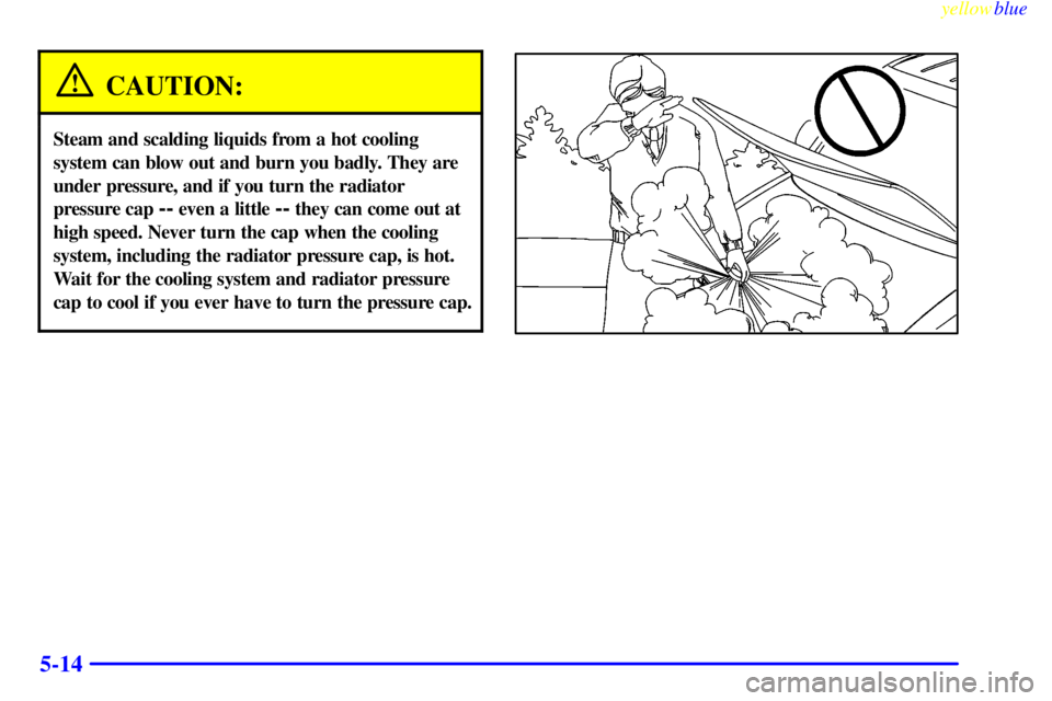CHEVROLET ASTRO 1999  Owners Manual yellowblue     
5-14
CAUTION:
Steam and scalding liquids from a hot cooling
system can blow out and burn you badly. They are
under pressure, and if you turn the radiator
pressure cap 
-- even a little