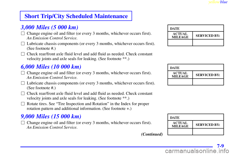 CHEVROLET ASTRO 1999  Owners Manual Short Trip/City Scheduled Maintenance
yellowblue     
7-9
3,000 Miles (5 000 km)
Change engine oil and filter (or every 3 months, whichever occurs first). 
An Emission Control Service. 
Lubricate ch