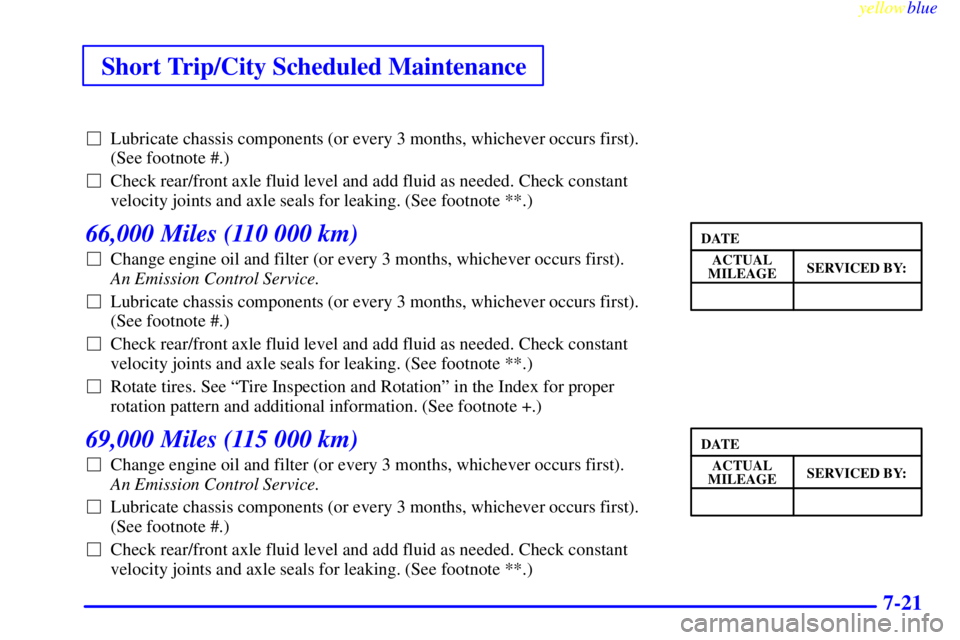 CHEVROLET ASTRO 1999  Owners Manual Short Trip/City Scheduled Maintenance
yellowblue     
7-21
Lubricate chassis components (or every 3 months, whichever occurs first).
(See footnote #.)
Check rear/front axle fluid level and add fluid
