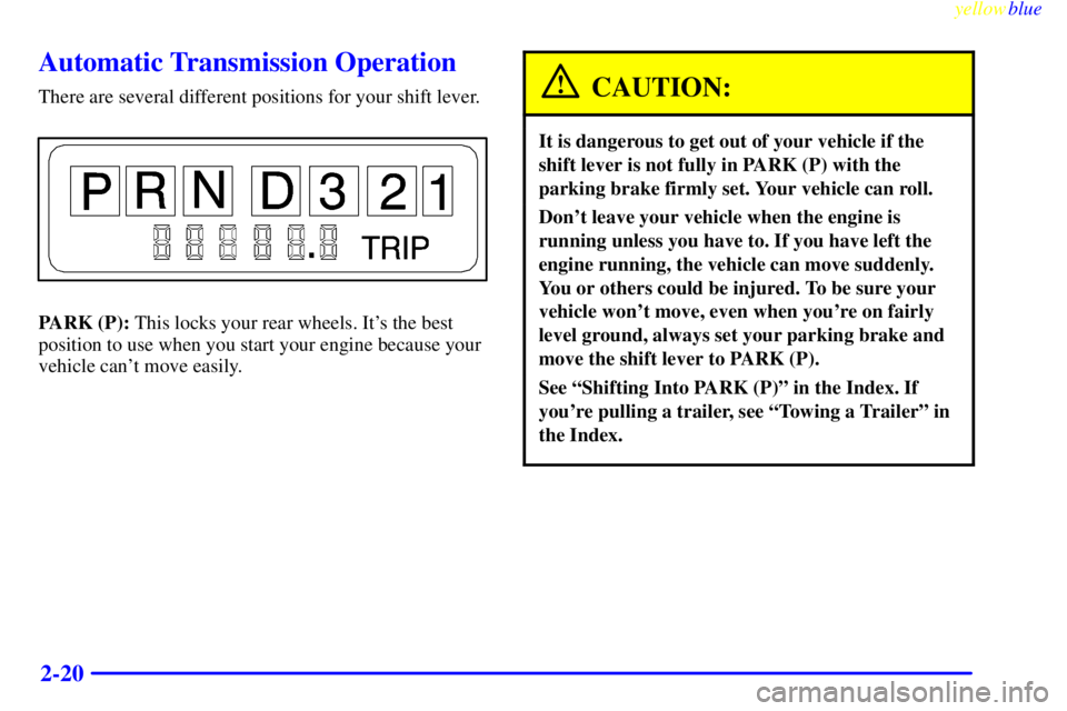 CHEVROLET ASTRO 1999 Manual Online yellowblue     
2-20
Automatic Transmission Operation
There are several different positions for your shift lever.
PARK (P): This locks your rear wheels. Its the best
position to use when you start yo