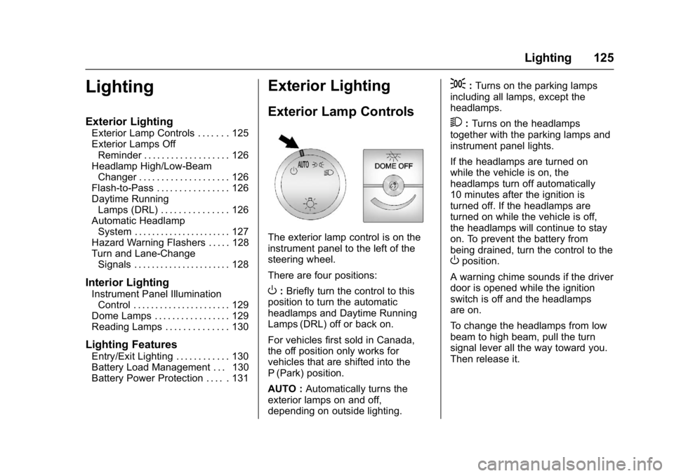 CHEVROLET CITY EXPRESS 2017  Owners Manual Chevrolet Express Owner Manual (GMNA-Localizing-U.S./Canada/Mexico-
9967827) - 2017 - crc - 9/26/16
Lighting 125
Lighting
Exterior Lighting
Exterior Lamp Controls . . . . . . . 125
Exterior Lamps OffR