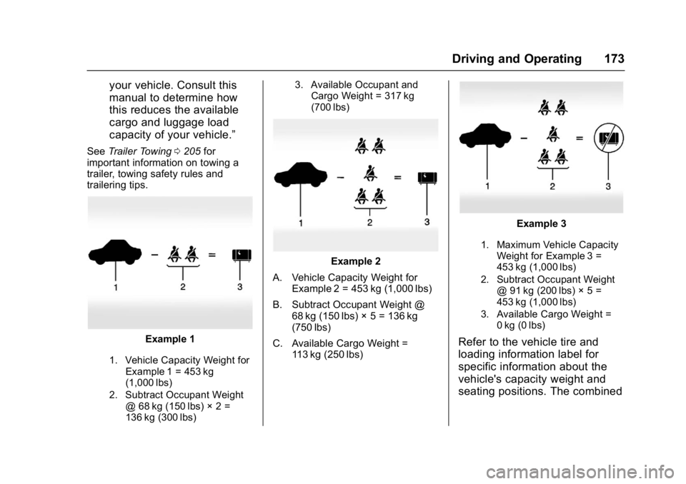 CHEVROLET CITY EXPRESS 2017  Owners Manual Chevrolet Express Owner Manual (GMNA-Localizing-U.S./Canada/Mexico-
9967827) - 2017 - crc - 9/26/16
Driving and Operating 173
your vehicle. Consult this
manual to determine how
this reduces the availa