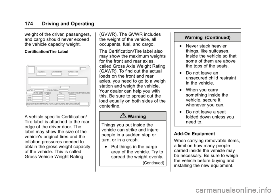 CHEVROLET CITY EXPRESS 2017  Owners Manual Chevrolet Express Owner Manual (GMNA-Localizing-U.S./Canada/Mexico-
9967827) - 2017 - crc - 9/26/16
174 Driving and Operating
weight of the driver, passengers,
and cargo should never exceed
the vehicl