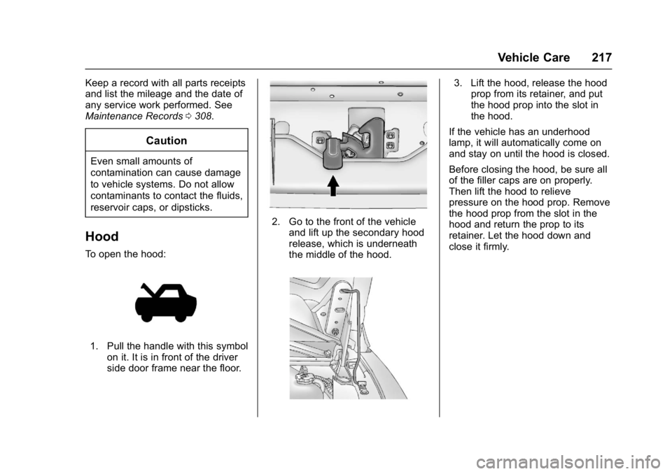 CHEVROLET CITY EXPRESS 2017  Owners Manual Chevrolet Express Owner Manual (GMNA-Localizing-U.S./Canada/Mexico-
9967827) - 2017 - crc - 9/26/16
Vehicle Care 217
Keep a record with all parts receipts
and list the mileage and the date of
any serv