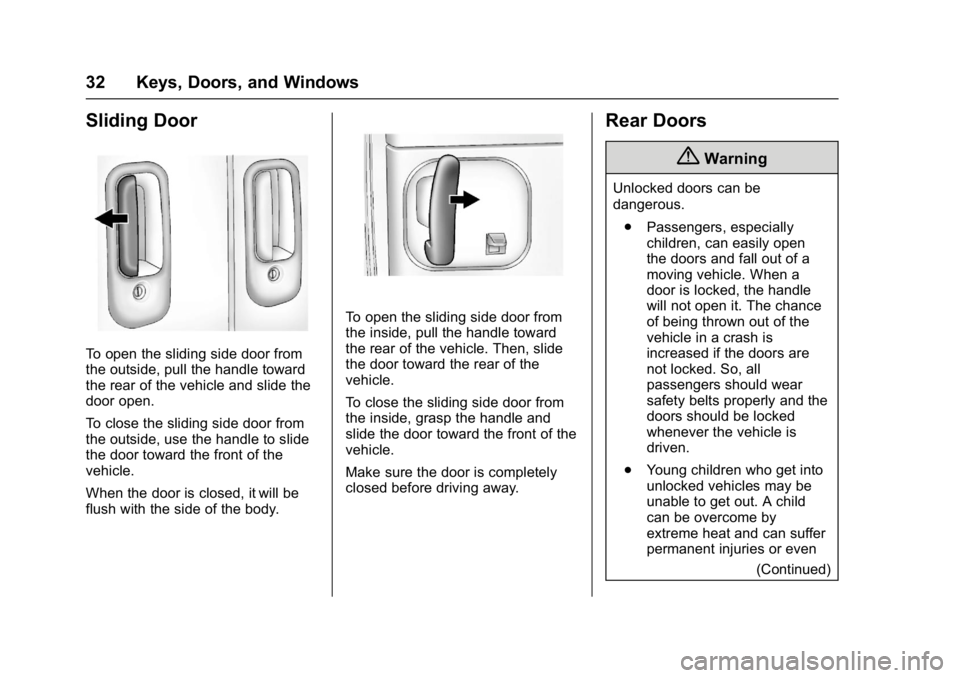 CHEVROLET CITY EXPRESS 2017 Owners Guide Chevrolet Express Owner Manual (GMNA-Localizing-U.S./Canada/Mexico-
9967827) - 2017 - crc - 9/26/16
32 Keys, Doors, and Windows
Sliding Door
To open the sliding side door from
the outside, pull the ha
