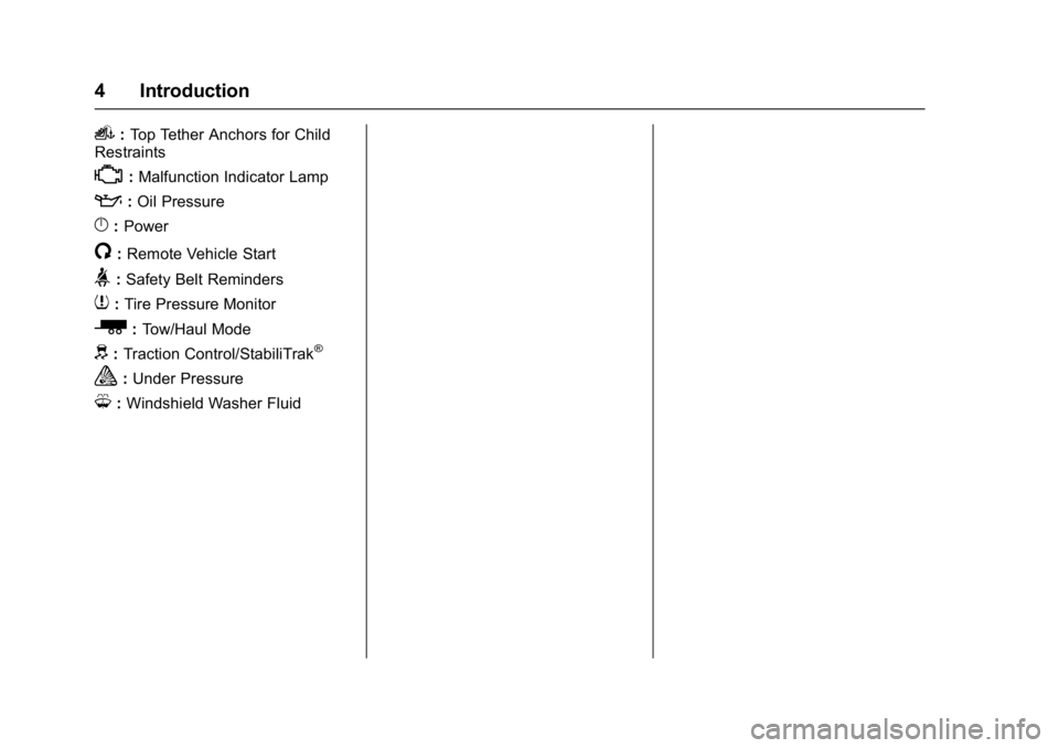 CHEVROLET CITY EXPRESS 2017 Owners Manual Chevrolet Express Owner Manual (GMNA-Localizing-U.S./Canada/Mexico-
9967827) - 2017 - crc - 9/26/16
4 Introduction
i:Top Tether Anchors for Child
Restraints
*: Malfunction Indicator Lamp
::Oil Pressur CHEVROLET CITY EXPRESS 2017 Owners Manual Chevrolet Express Owner Manual (GMNA-Localizing-U.S./Canada/Mexico-
9967827) - 2017 - crc - 9/26/16
4 Introduction
i:Top Tether Anchors for Child
Restraints
*: Malfunction Indicator Lamp
::Oil Pressur