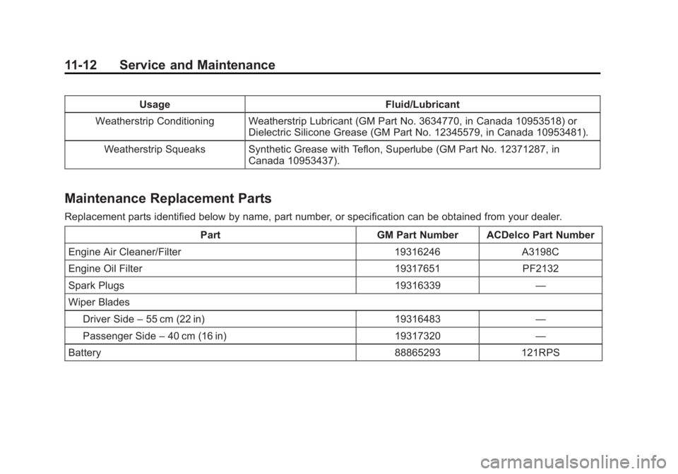 CHEVROLET CITY EXPRESS 2016  Owners Manual Black plate (12,1)Chevrolet City Express Owner Manual (GMNA-Localizing-U.S./Canada-
7707496) - 2015 - CRC - 11/26/14
11-12 Service and Maintenance Usage Fluid/Lubricant
Weatherstrip Conditioning Weath