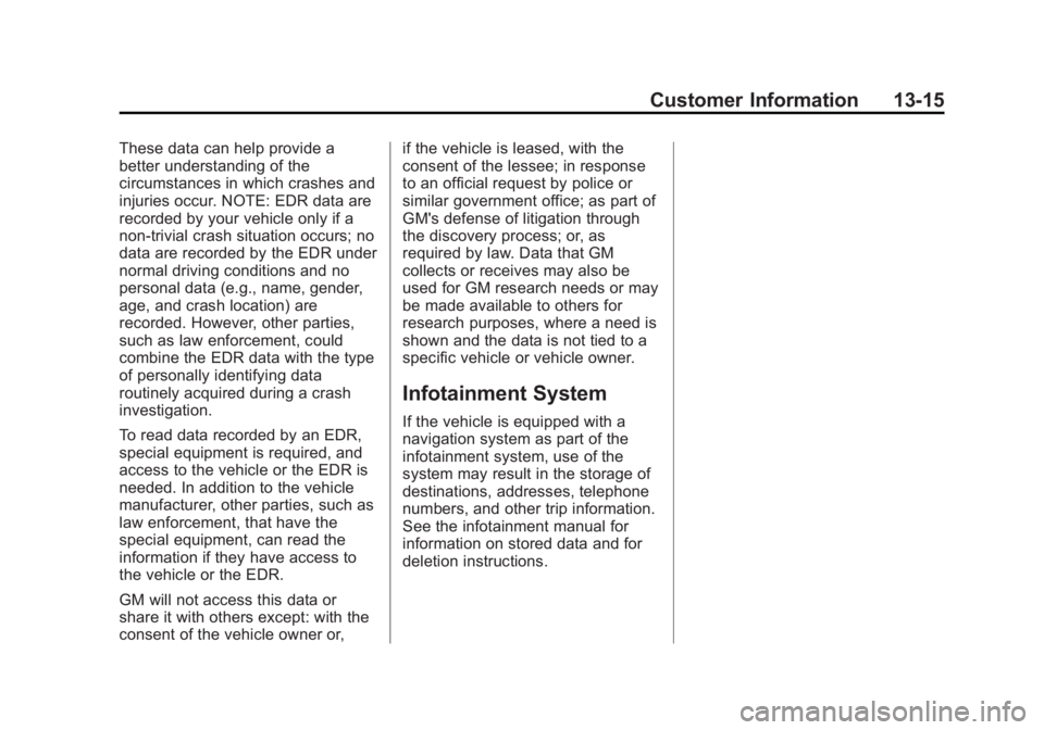 CHEVROLET CITY EXPRESS 2016  Owners Manual Black plate (15,1)Chevrolet City Express Owner Manual (GMNA-Localizing-U.S./Canada-
7707496) - 2015 - CRC - 11/26/14
Customer Information 13-15These data can help provide a
better understanding of the