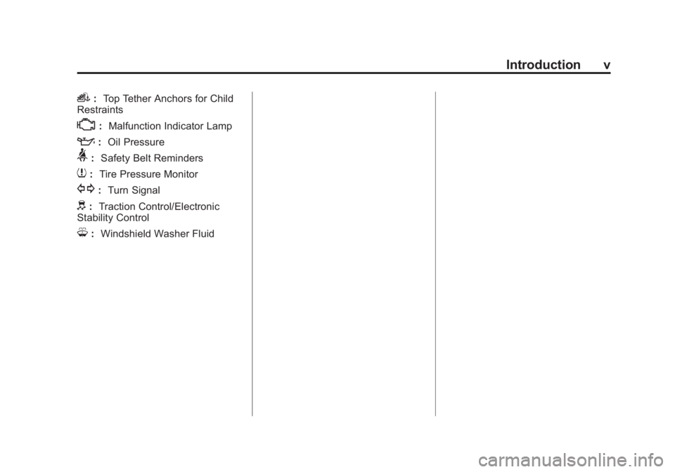 CHEVROLET CITY EXPRESS 2015  Owners Manual Black plate (5,1)Chevrolet City Express Owner Manual (GMNA-Localizing-U.S./Canada-
7707496) - 2015 - CRC - 11/26/14
Introduction v
i : Top Tether Anchors for Child
Restraints
* : Malfunction Indicator