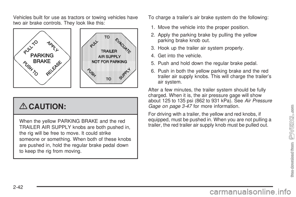 CHEVROLET KODIAK 2009  Owners Manual Vehicles built for use as tractors or towing vehicles have
two air brake controls. They look like this:
{CAUTION:
When the yellow PARKING BRAKE and the red
TRAILER AIR SUPPLY knobs are both pushed in,