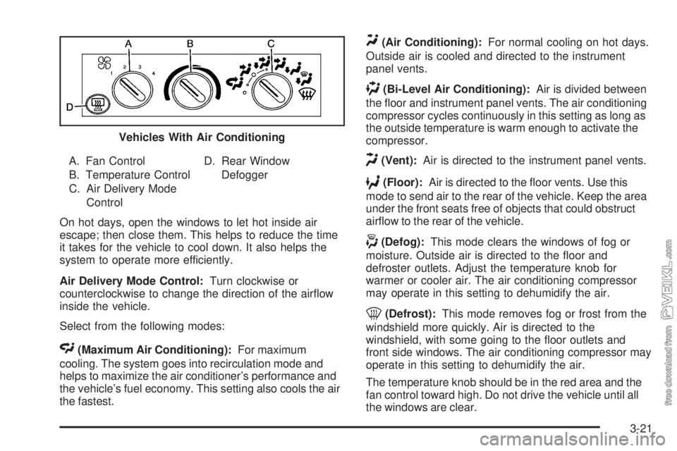 CHEVROLET KODIAK 2009  Owners Manual A. Fan Control
B. Temperature Control
C. Air Delivery Mode
ControlD. Rear Window
Defogger
On hot days, open the windows to let hot inside air
escape; then close them. This helps to reduce the time
it 