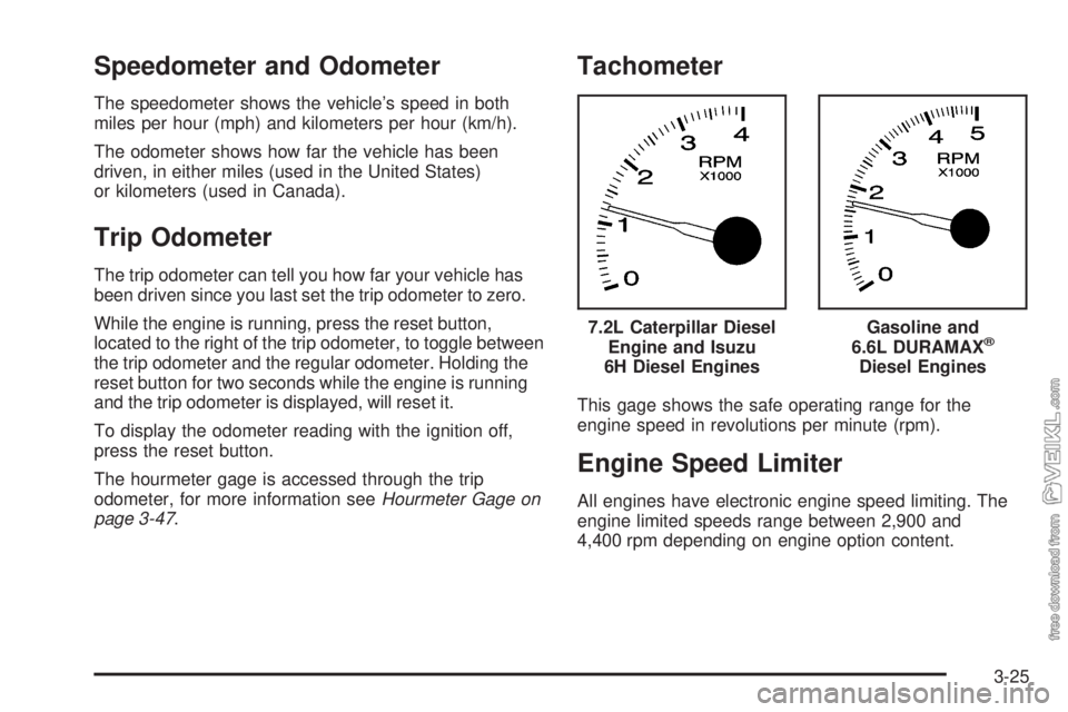 CHEVROLET KODIAK 2009  Owners Manual Speedometer and Odometer
The speedometer shows the vehicle’s speed in both
miles per hour (mph) and kilometers per hour (km/h).
The odometer shows how far the vehicle has been
driven, in either mile