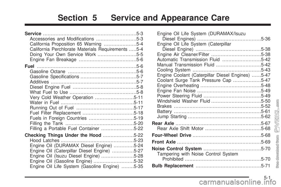 CHEVROLET KODIAK 2009  Owners Manual Service............................................................5-3
Accessories and Modiﬁcations..........................5-3
California Proposition 65 Warning.....................5-4
California 