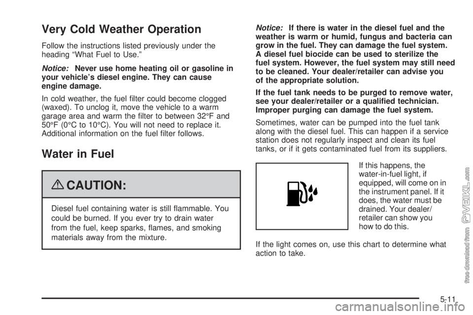 CHEVROLET KODIAK 2009  Owners Manual Very Cold Weather Operation
Follow the instructions listed previously under the
heading “What Fuel to Use.”
Notice:Never use home heating oil or gasoline in
your vehicle’s diesel engine. They ca