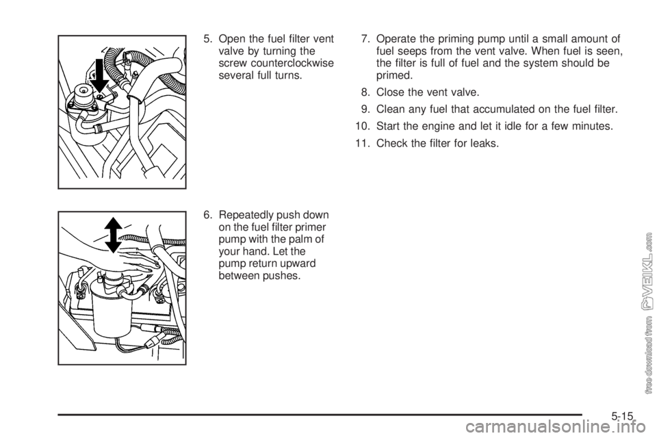 CHEVROLET KODIAK 2009 Owners Manual 5. Open the fuel filter vent
valve by turning the
screw counterclockwise
several full turns.
6. Repeatedly push down
on the fuel filter primer
pump with the palm of
your hand. Let the
pump return up CHEVROLET KODIAK 2009 Owners Manual 5. Open the fuel filter vent
valve by turning the
screw counterclockwise
several full turns.
6. Repeatedly push down
on the fuel filter primer
pump with the palm of
your hand. Let the
pump return up