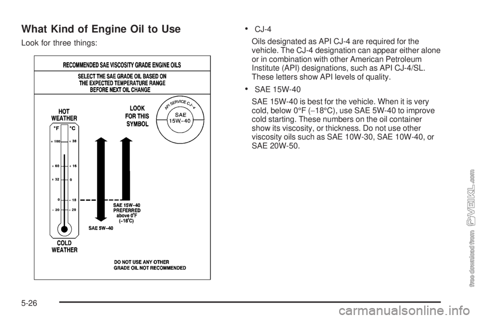 CHEVROLET KODIAK 2009  Owners Manual What Kind of Engine Oil to Use
Look for three things:
•CJ-4
Oils designated as API CJ-4 are required for the
vehicle. The CJ-4 designation can appear either alone
or in combination with other Americ
