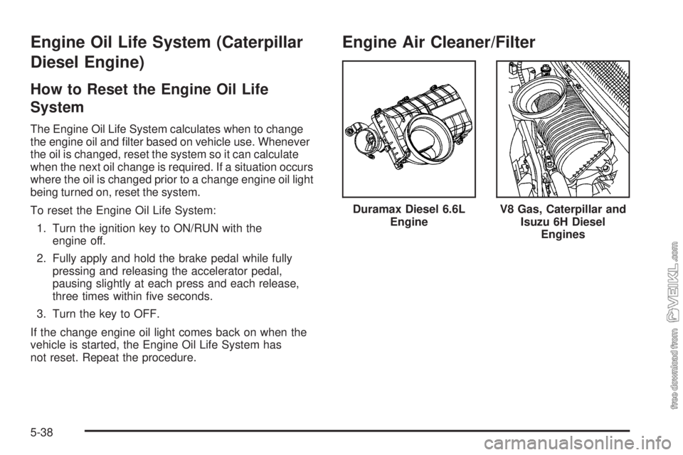 CHEVROLET KODIAK 2009 Owners Manual Engine Oil Life System (Caterpillar
Diesel Engine)
How to Reset the Engine Oil Life
System
The Engine Oil Life System calculates when to change
the engine oil and filter based on vehicle use. Wheneve CHEVROLET KODIAK 2009 Owners Manual Engine Oil Life System (Caterpillar
Diesel Engine)
How to Reset the Engine Oil Life
System
The Engine Oil Life System calculates when to change
the engine oil and filter based on vehicle use. Wheneve