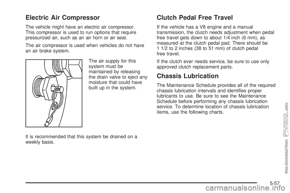 CHEVROLET KODIAK 2009 Owners Manual Electric Air Compressor
The vehicle might have an electric air compressor.
This compressor is used to run options that require
pressurized air, such as an air horn or air seat.
The air compressor is u CHEVROLET KODIAK 2009 Owners Manual Electric Air Compressor
The vehicle might have an electric air compressor.
This compressor is used to run options that require
pressurized air, such as an air horn or air seat.
The air compressor is u