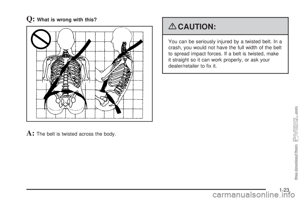 CHEVROLET KODIAK 2009 Owners Manual Q:What is wrong with this?
A:The belt is twisted across the body.
{CAUTION:
You can be seriously injured by a twisted belt. In a
crash, you would not have the full width of the belt
to spread impact f