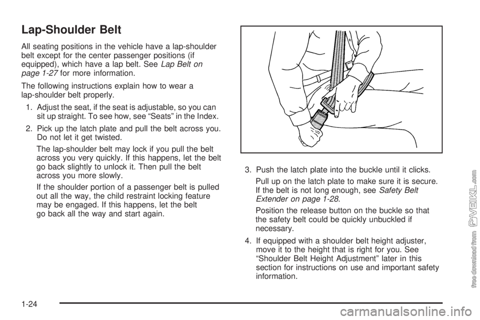 CHEVROLET KODIAK 2009  Owners Manual Lap-Shoulder Belt
All seating positions in the vehicle have a lap-shoulder
belt except for the center passenger positions (if
equipped), which have a lap belt. SeeLap Belt on
page 1-27for more informa
