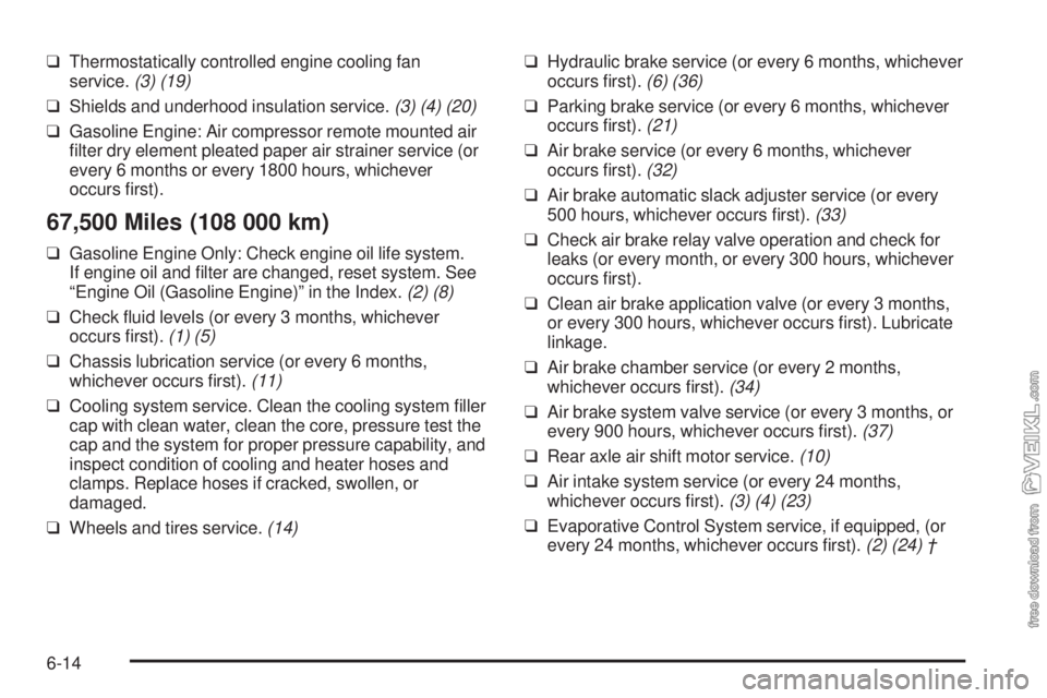 CHEVROLET KODIAK 2009 Repair Manual ❑Thermostatically controlled engine cooling fan
service.(3) (19)
❑Shields and underhood insulation service.(3) (4) (20)
❑Gasoline Engine: Air compressor remote mounted air
ﬁlter dry element pl