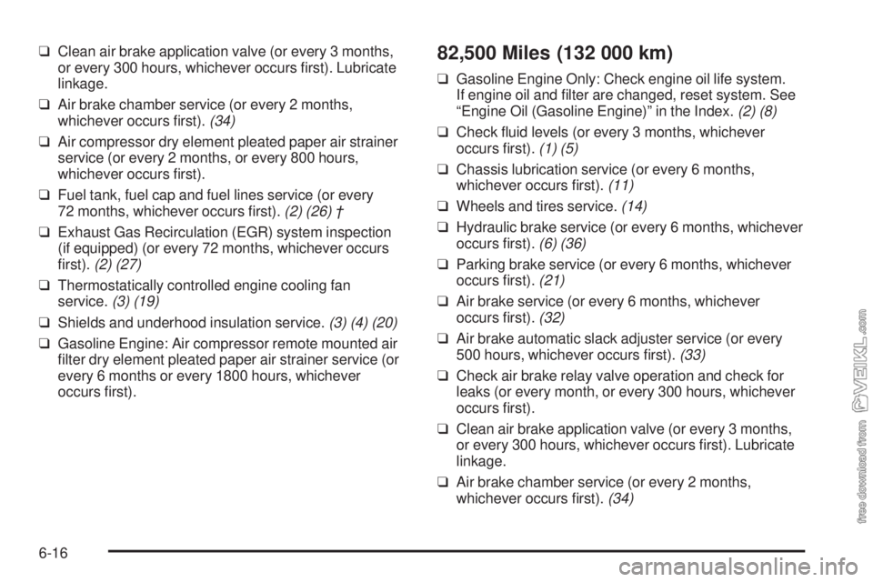 CHEVROLET KODIAK 2009 Repair Manual ❑Clean air brake application valve (or every 3 months,
or every 300 hours, whichever occurs ﬁrst). Lubricate
linkage.
❑Air brake chamber service (or every 2 months,
whichever occurs ﬁrst).(34)