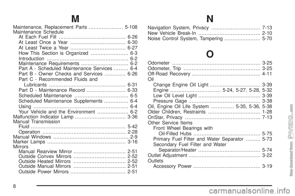 CHEVROLET KODIAK 2009  Owners Manual M
Maintenance, Replacement Parts.....................5-108
Maintenance Schedule
At Each Fuel Fill.........................................6-26
At Least Once a Year..................................6-3