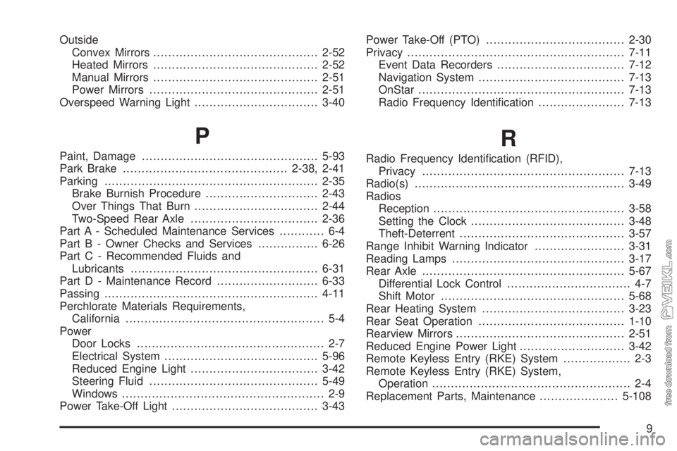 CHEVROLET KODIAK 2009  Owners Manual Outside
Convex Mirrors............................................2-52
Heated Mirrors............................................2-52
Manual Mirrors............................................2-51
Pow