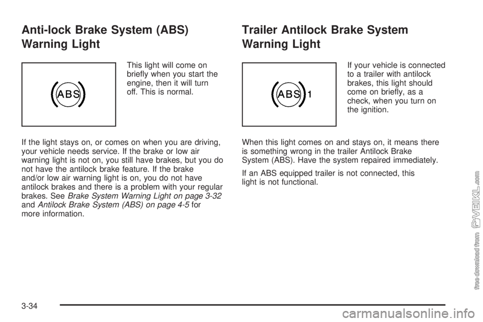 CHEVROLET KODIAK 2008 Owners Manual Anti-lock Brake System (ABS)
Warning Light
This light will come on
briefly when you start the
engine, then it will turn
off. This is normal.
If the light stays on, or comes on when you are driving,
y CHEVROLET KODIAK 2008 Owners Manual Anti-lock Brake System (ABS)
Warning Light
This light will come on
briefly when you start the
engine, then it will turn
off. This is normal.
If the light stays on, or comes on when you are driving,
y