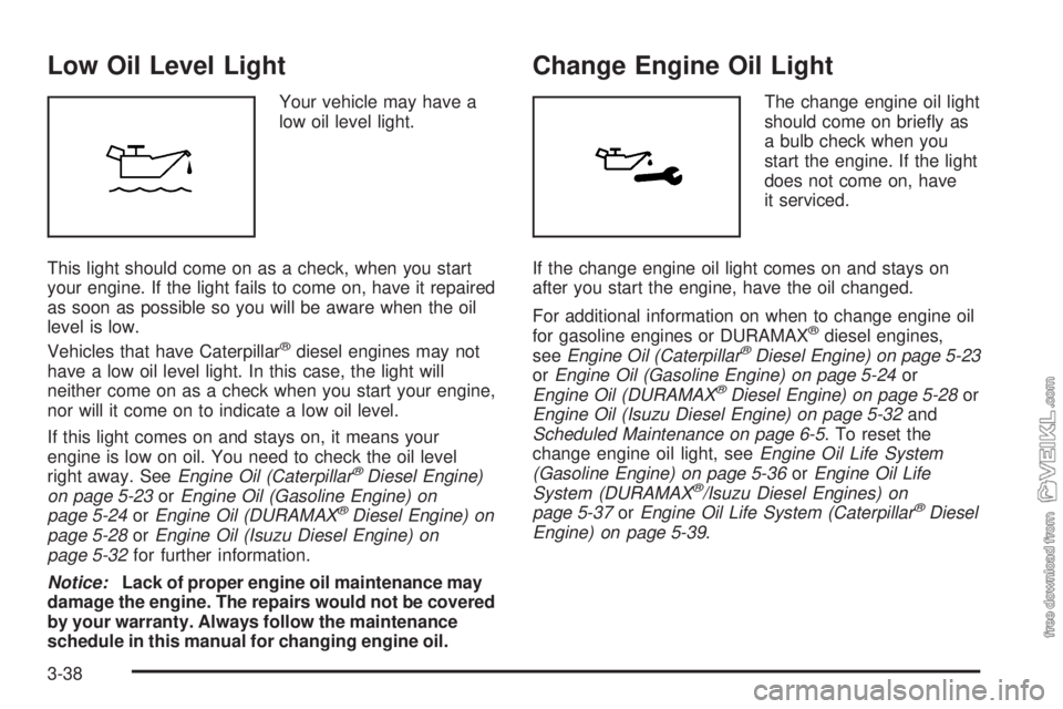 CHEVROLET KODIAK 2008 Owners Manual Low Oil Level Light
Your vehicle may have a
low oil level light.
This light should come on as a check, when you start
your engine. If the light fails to come on, have it repaired
as soon as possible s CHEVROLET KODIAK 2008 Owners Manual Low Oil Level Light
Your vehicle may have a
low oil level light.
This light should come on as a check, when you start
your engine. If the light fails to come on, have it repaired
as soon as possible s